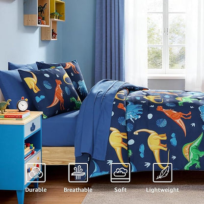 Twin Comforter Set for Boys-5 Pieces Navy Dinosaur Twin Bedding Sets for Kids, Ultra Soft Bed in A Bag with Sheets
