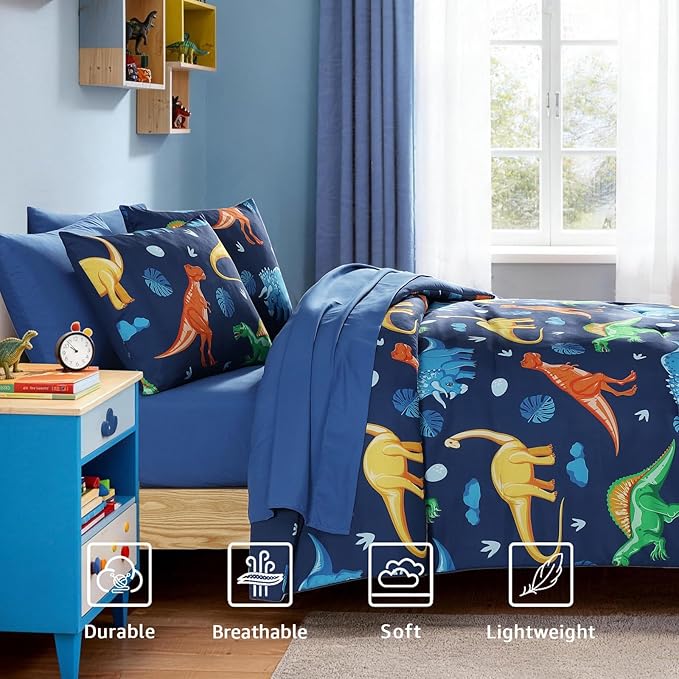 Full Size Comforter Set for Boys-7 Pieces Navy Dinosaur Full Bedding Sets for Kids, Ultra Soft Bed in A Bag with Sheets