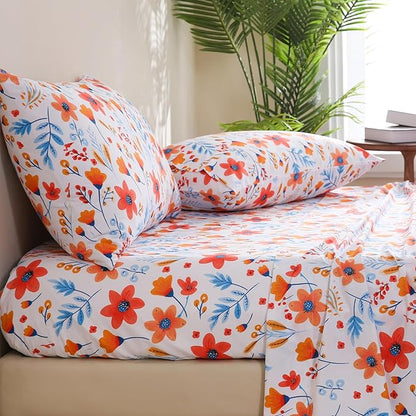 JSD Floral Printed Sheet Set Twin Size, 3 Piece Flower Pattern Microfiber Bed Sheets Deep Pocket