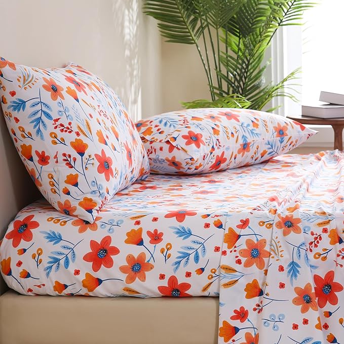 JSD Floral Printed Sheet Set Queen Size, 4 Piece Flower Pattern Microfiber Bed Sheets Deep Pocket