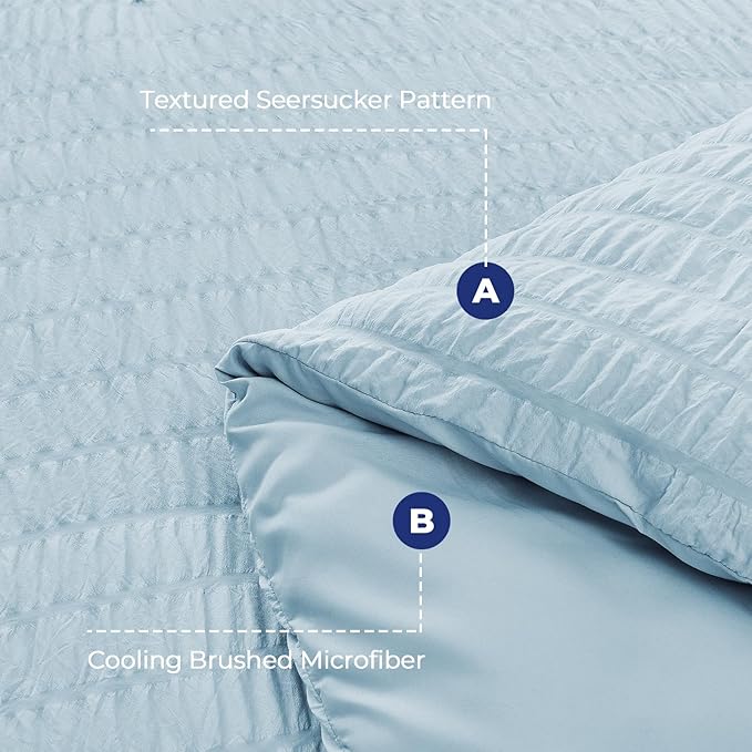 HYMOKEGE Lake Blue Duvet Cover King Size, Ultra Soft 3-Piece Seersucker Duvet Cover Set with Zipper Closure, Soft Brushed Microfiber Bedding Set with 8 Corner Ties (104"x90", 2 Pillowshams)