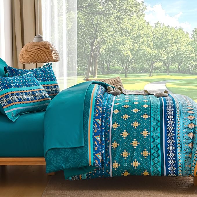 Comforter Set King Size Boho,7 Pieces Bohemian Bedding Comforter Set Striped Bed in a Bag,Turquoise Blue Paisley Floral Comfortet and Sheet Set,Soft Microfiber Bedding Sets for All Season