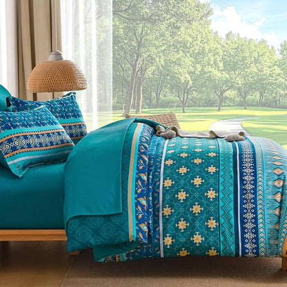 Comforter Set King Size Boho,7 Pieces Bohemian Bedding Comforter Set Striped Bed in a Bag,Turquoise Blue Paisley Floral Comfortet and Sheet Set,Soft Microfiber Bedding Sets for All Season