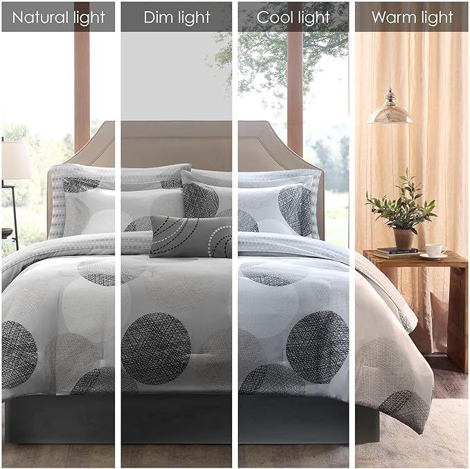 Madison Park Essentials Bed in a Bag Comforter, Vibrant Color Design All Season Down Alternative Cover with Complete Cotton Sheet Set, Queen(90"x90"), Knowles, Circular Grey, 9 Piece