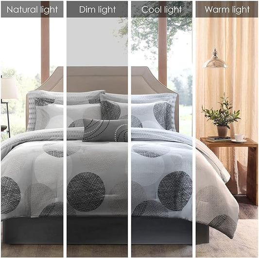 Madison Park Essentials Bed in a Bag Comforter, Vibrant Color Design All Season Down Alternative Cover with Complete Cotton Sheet Set, Queen(90"x90"), Knowles, Circular Grey, 9 Piece