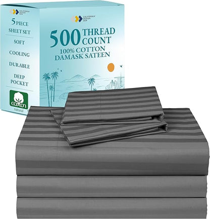 Luxury Split King Size Sheets For Adjustable Bed, 100% Cotton 500 Thread Count Sateen, Snug Fit, Set With Twin-XL Fitted Sheets, Damask Stripe Sheet Sets & Pillowcases (Split King, Stripe - Grey)