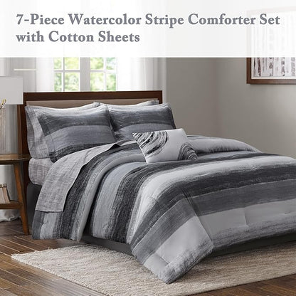 Madison Park Essentials Twin Comforter Set, Bed in a Bag, Watercolor Print Coastal Comforter & Chambray Cotton Sheet Set, All Season Bedding Set, Saben, Black Twin (68 in x 86 in) 7 Piece