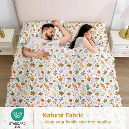 Softan Orange Floral Queen Size Sheet Set, Printed Microfiber Fitted Sheet with 15" Deep Pockets & Non-Slip Straps, Maple Leaves & Mushroom Patterned Bedding Sheets & Pillowcase Set