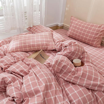 EAVD Modern Style Pink Floral Duvet Cover King Soft Soft White and Pink Grid Plaid Bedding Set with 2 Pillowcases Reversible Checkered Geometric Pattern Duvet Cover with Zipper Closure