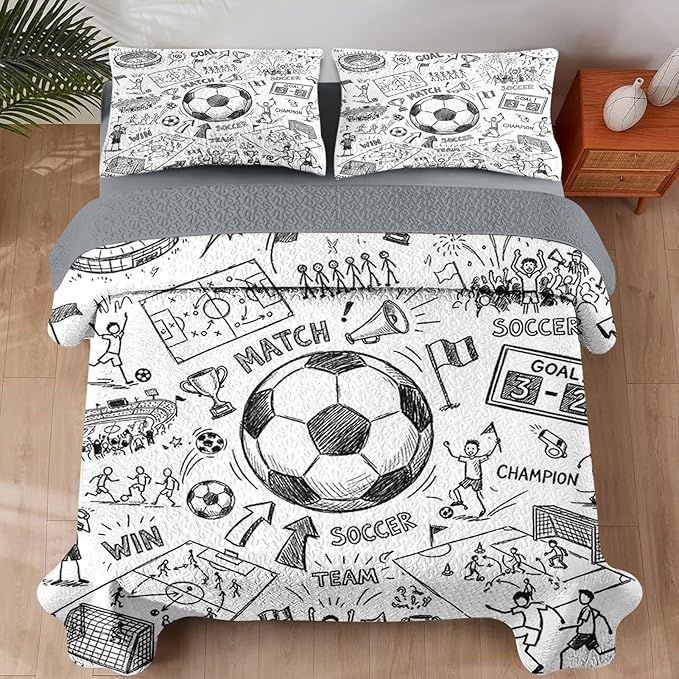 Quilt Set King Size, Game Soccer Painting 3 Pcs Soft Bed Cover Bedding Set for Kids and Adults, Football Ball Cup Sport Lightweight Bedspread Coverlet with Pillow Sham for All Season