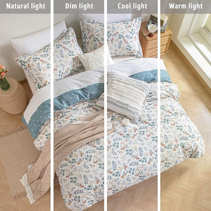 Botanical Cotton Comforter King Size - Lake Green Comforter with Dusky Blue & Warm Rust Leaves on Ivory,Reversible Lightweight Bedding Sets 3Pcs(Polka Dot)