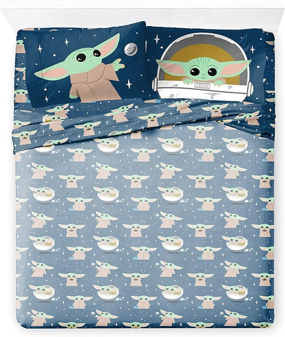 Jay Franco Kids Sheet Set with Fitted, Flat Sheets & Pillow Cover - Ultra-Soft Bedding with Pillowcase for Room Decor, Blue - Mandalorian, 4 Piece Queen