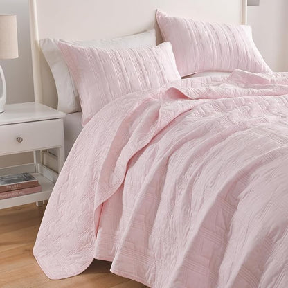 HORIMOTE HOME 100% Cotton Quilt Set Twin Size, Light Pink Pre-Washed 2PS Bedspread Coverlet Set, Cozy Lightweight Stitching Decorative Bedding Cover with 1 Shams in Geometric Pattern for All Season