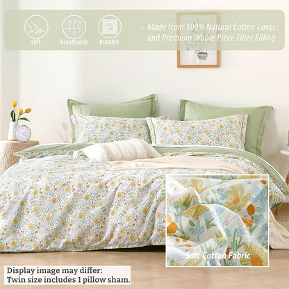 Floral Cotton Comforter Twin Size 2Pcs - Yellow and Blue Tiny Flowers & Little Lambs on White, Sage Green Back, Reversible Lightweight Bedding Sets with Soft Fill(1 Comfoter, 1 Pillowcase)