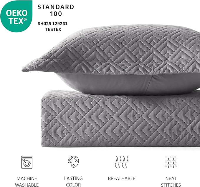 EXQ Home Quilt Set Full Queen Size Grey 3 Piece,Lightweight Soft Coverlet Squares Pattern Bedspread Set for All Season(1 Quilt,2 Pillow Shams)