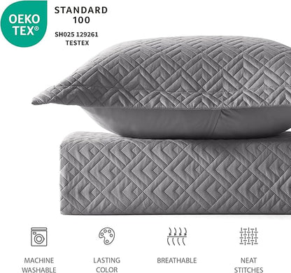 EXQ Home Quilt Set Full Queen Size Grey 3 Piece,Lightweight Soft Coverlet Squares Pattern Bedspread Set for All Season(1 Quilt,2 Pillow Shams)