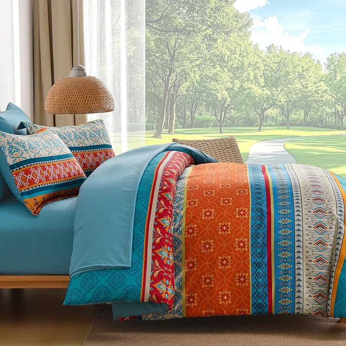Boho Comforter Set Queen Size,7 Pieces Bohemian Comforter Bedding Set Bed in a Bag,Teal Paisley Floral Comfortet and Sheet Set,Soft Microfiber Striped Bedding Sets for All Season