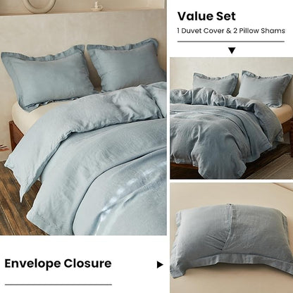 Simple&Opulence 100% Linen Duvet Cover Set with Crossed Embroidery Washed - 3 Pieces (1 Duvet Cover with 2 Pillow Shams) Soft Breathable Farmhouse - Dusty Blue, Queen Size