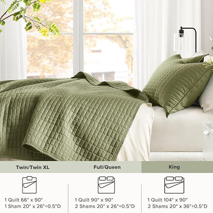 Comfort Spaces King Quilt Set Modern Reversible Plaid Coverlet King Bedding Set Cozy Quilted Winter Layer, All Season Lightweight Soft King Size Quilt, Kienna, Cal King Olive Green 3 Piece