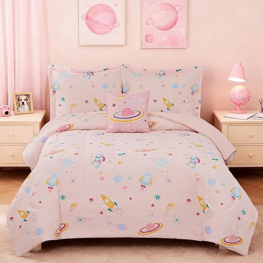Glow in The Dark Kids Comforter Set Full Size for Girls, Planet Bedding Set 1 Comforter, 1 Decor Pillow, 2 Pillow Shams