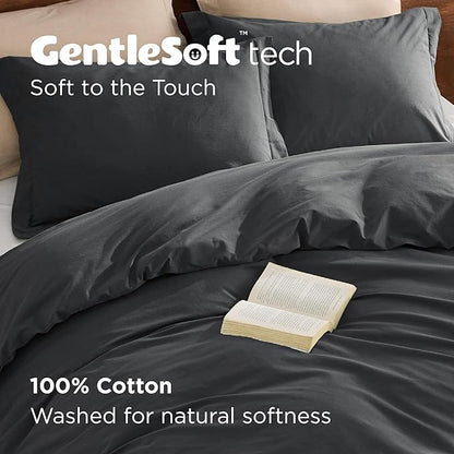 Bedsure 100% Washed Cotton Duvet Cover Queen Size - Charcoal Minimalist Bedding Set Linen Like - PureWoven Plain Simple & Soft Comforter Cover for All Seasons (Charcoal, Queen, 90"x90")