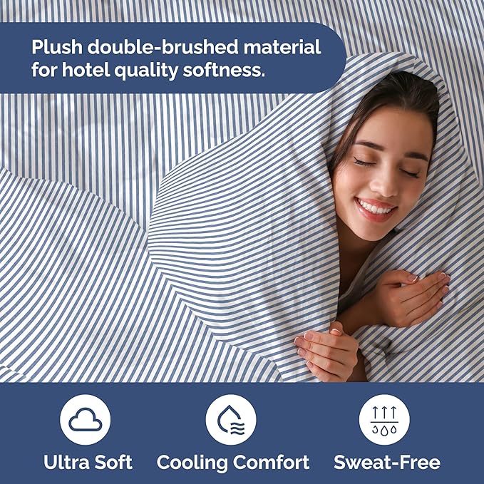 Duvet Cover Twin/Twin XL Size Set - Extra Soft Twin/Twin XL Duvet Cover 68" x 90" with 1 Pillow Sham - Hotel Luxury, Easy Care, Fade Free w/ Zipper Closures & Ties - Comfy & Breathable (Blue Stripes)