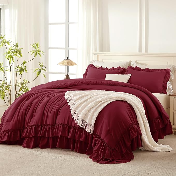 Andency Burgundy Ruffle Comforter Set King, Shabby Chic Farmhouse Bedding Comforter, Soft Lightweight Fluffy Polyester Bet Set All Season 3 Pieces Solid Comforter Set