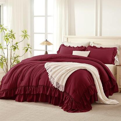 Andency Burgundy Ruffle Comforter Set King, Shabby Chic Farmhouse Bedding Comforter, Soft Lightweight Fluffy Polyester Bet Set All Season 3 Pieces Solid Comforter Set