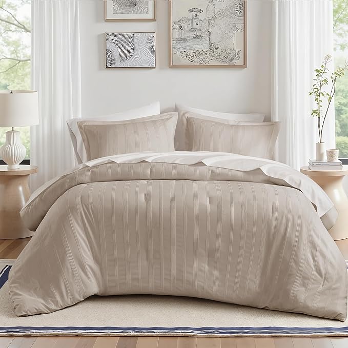 Madison Park Essentials Striped Comforter Set Full, 7 Pieces Modern Minimalist Jacquard Bedding Set for All Season, Bed in A Bag with Sheet Set and Soft Brushed Reverse, Lightweight Neutral