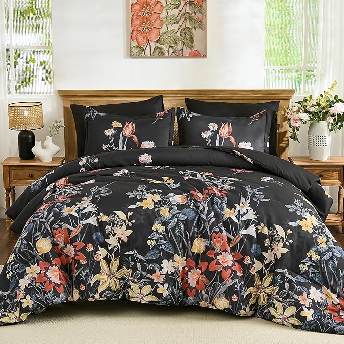 WONGS BEDDING Queen Comforter Set 7 Piece, Black Floral Bed in a Bag Bedding Set with Botanical Flowers Patterns, Soft Lightweight Complete Comforters with Sheets for All Season