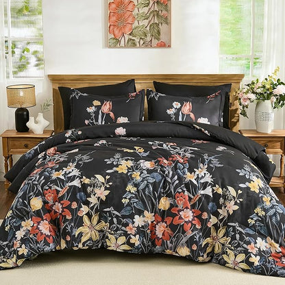 WONGS BEDDING Queen Comforter Set 7 Piece, Black Floral Bed in a Bag Bedding Set with Botanical Flowers Patterns, Soft Lightweight Complete Comforters with Sheets for All Season