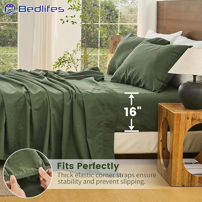 Bedlifes 100% French Pure Linen Sheets King Size Breathable and Cooling Flax Sheet Set Soft Durable and Moisture Wicking 16 Inch Deep Pocket-4 Piece(King,Forest Green)