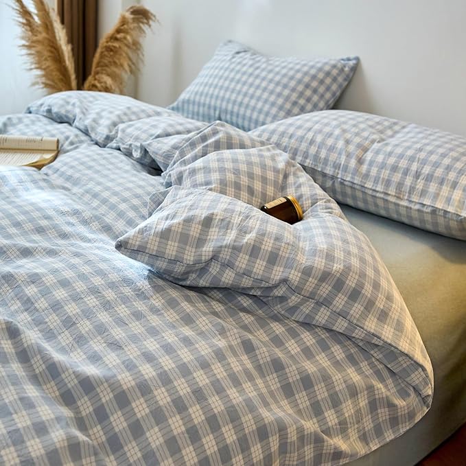 LifeTB Blue Gingham Duvet Cover Twin 3 Pieces Blue White Plaid Checkered Comforter Cover 100% Washed Cotton Farmhouse Grid Bedding Set Breathable Gingham Plaid Duvet Cover Dorm Bedding Set