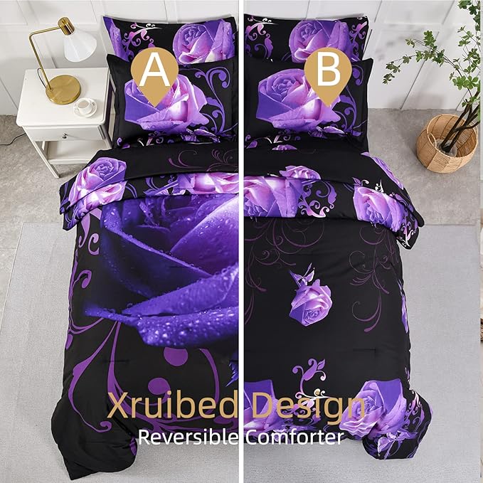 Xruibed Floral Comforter Set Queen 7 Piece Bed in a Bag Purple Rose Flower Comforter with Sheet Set Soft Micorfiber Bedding Set (1 Comforter,2 Pillow Shams,1 Flat Sheet,1 Fitted Sheet,2 Pillowcases)