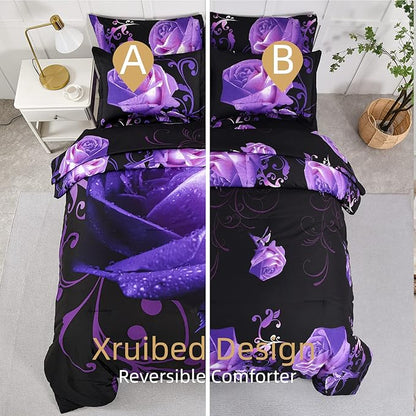 Xruibed Floral Comforter Set Queen 7 Piece Bed in a Bag Purple Rose Flower Comforter with Sheet Set Soft Micorfiber Bedding Set (1 Comforter,2 Pillow Shams,1 Flat Sheet,1 Fitted Sheet,2 Pillowcases)