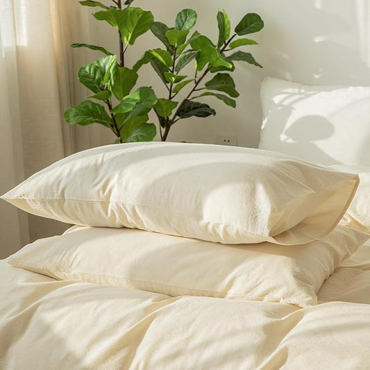 MooMee Bedding Pillowcases Pack of 2 100% Washed Cotton Linen Like Textured Breathable Durable Soft Comfy (Solid Cream White, King)