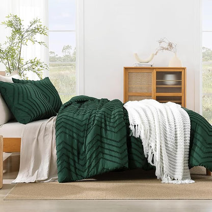 Litanika California King Comforter Set Dark Emerald Green, 3 Pieces Cal King Oversized Chevron Boho Tufted Forest Green Bedding Comforter Sets, Fluffy Bed Set