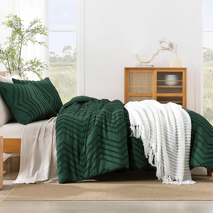 Litanika King Size Comforter Set Dark Emerald Green, 3 Pieces Lightweight Fluffy Comforter King Size Boho Tufted Comforter Bed Set Gift Choice