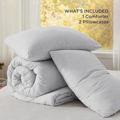 Bedsure Queen Comforter Set, Light Grey Soft Prewashed Bedding for All Seasons, 3 Pieces GentleSoft™ Bed Set, 1 Lightweight Comforter (90"x90") and 2 Pillowcases (20"x26")