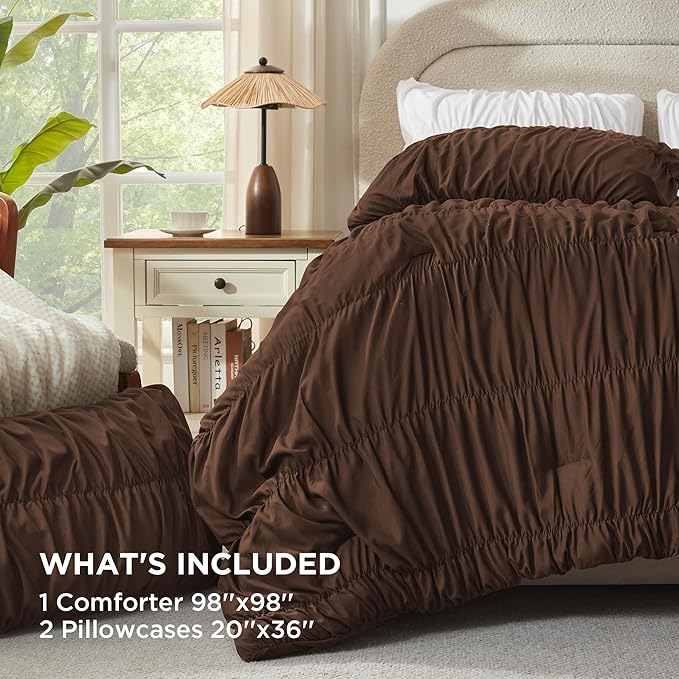 Andency Ruched Brown Oversized Queen Size Comforter Sets, Shabby Chic Pleated Bedding Sets 3 Pieces, Lightweight Soft Boho Ruffle Bed Set for Girls, Kids, Women, All Season