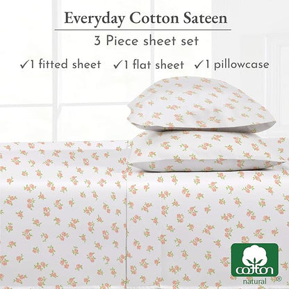 California Design Den Twin Floral Sheet Set, 100% Cotton 12" Pocket Twin Sheets & Pillowcase Set, Soft Sateen Weave - Chic Floral