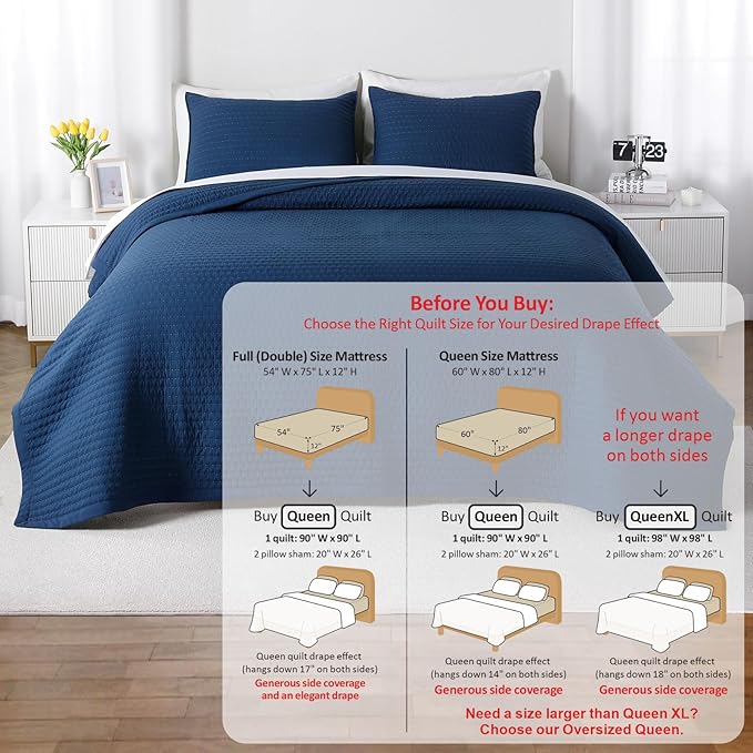 Queen Quilt Set – 90"x90" Soft Washed 3-Layer Lightweight Bedspread with Multi-Lock Quilting, Minimalist Nordic Bedding, All-Season Quilt for Spring, Summer & Fall (1 Quilt + 2 Pillow Shams),Dark Blue