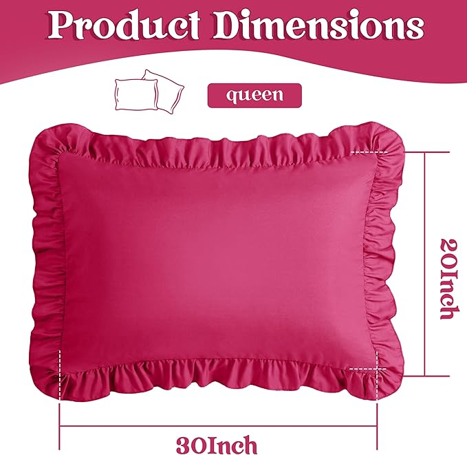 KKJIAF Ruffle Pillow Cases Queen Size Set of 2, Ruffled Pillow Covers with Envelope Closure, Wrinkle Resistant Ruffled Pillow Shams 20" x 30", Hot Pink