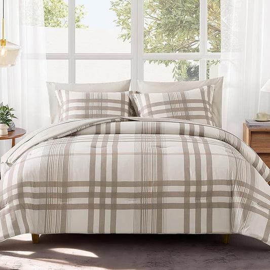 MaiRêve Twin XL Comforter Set Brown Grey, Classic Plaid Farmhouse Bedding Sets 5 Pieces for Boys Girls Teen, All Season Bed in a Bag for Dorm with Sheets, Pillowcase & Sham