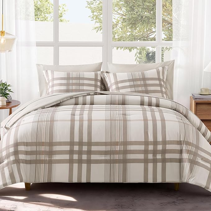 MaiRêve Full Size Comforter Set Brown Grey, Classic Plaid Farmhouse Bedding Sets 7 Pieces, All Season Lightweight Bed in a Bag with Sheets, Pillowcases & Shams