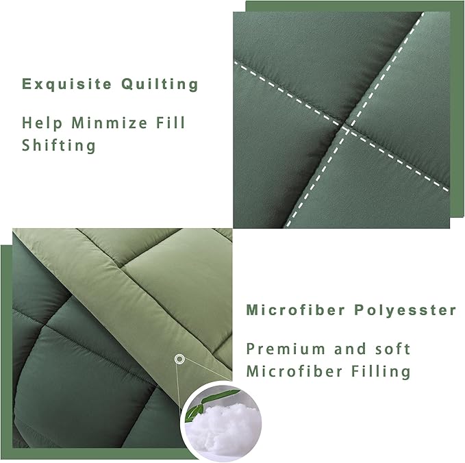 DOWNCOOL Queen Comforter Set -All Season Bedding Comforters Sets with 2 Pillow Cases-3 Pieces Bedding Sets Queen -Down Alternative Double Green Queen Size Comforter Sets(88"x92")