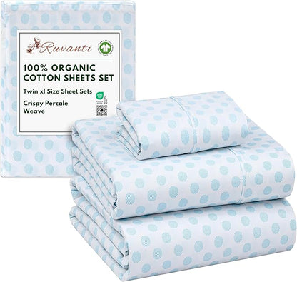 RUVANTI 100% Organic Cotton Sheets Twin XL, Percale Weave, GOTS Certified, 3-Piece Set, Deep Pocket 15", Crisp & Breathable, Soft Durable Bedding, Sábanas Algodón Orgánico – Circle Imprint