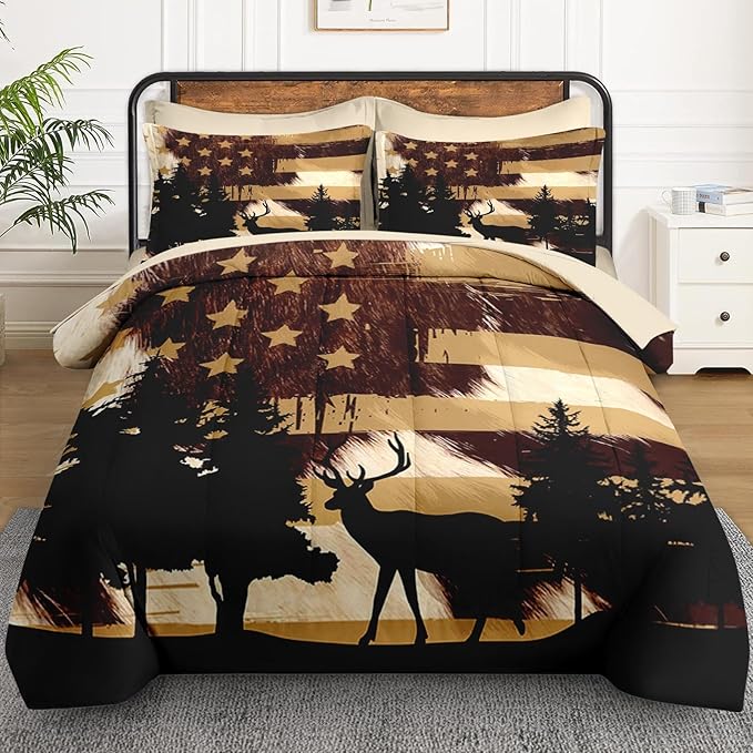 7 Pcs Queen Size Comforter Set with 2 Pillowcases & 2 Shams, Retro Hunting Deer Bedding for Kids and Adults, American Flag Animal Bed in a Bag with Flat Fitted Sheet