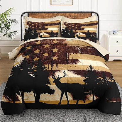 7 Pcs Queen Size Comforter Set with 2 Pillowcases & 2 Shams, Retro Hunting Deer Bedding for Kids and Adults, American Flag Animal Bed in a Bag with Flat Fitted Sheet