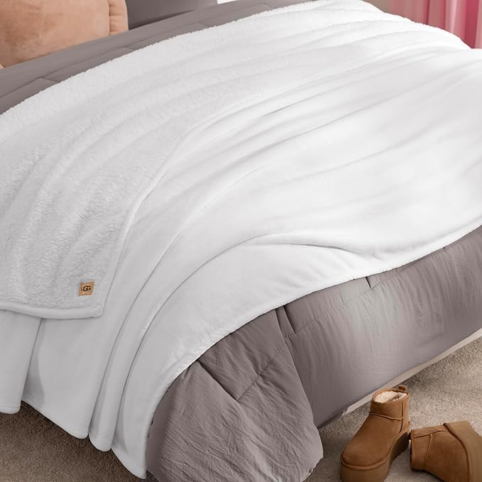 UGG Nita Full/Queen Blanket, Cozy Soft Queen Bedding, Plush Fleece Blanket for Bed, Extra Large Throw for Couch, Luxury Bedroom Decor, 90-inch x 90-inch, White Snow